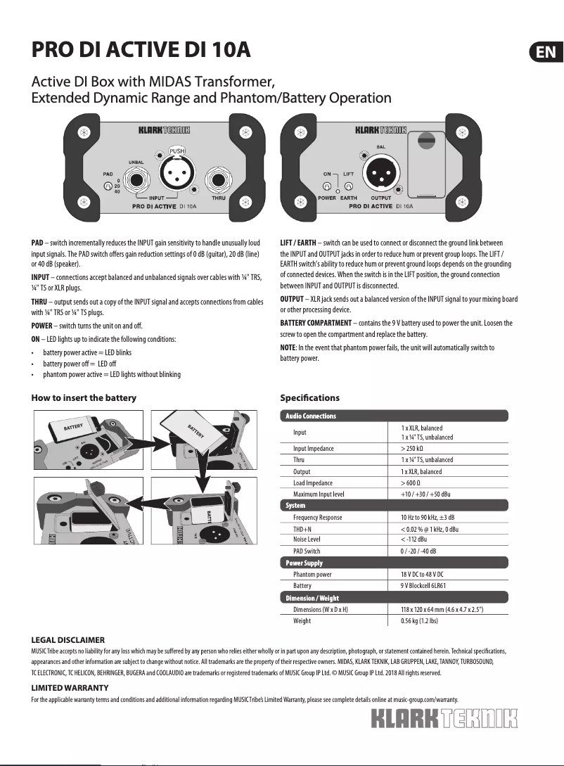 Page 1 de la notice Manuel utilisateur Klark Teknik DI 10A