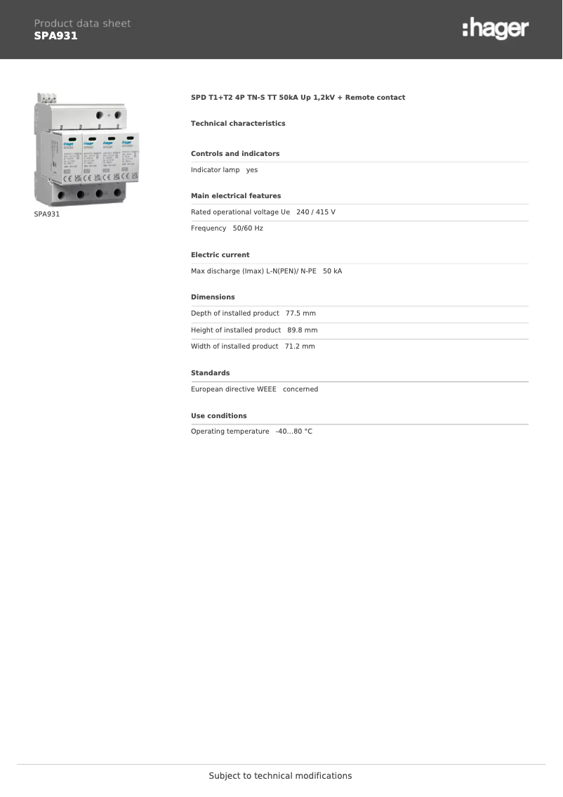 Page n°1 - Manuel utilisateur Hager SPA931