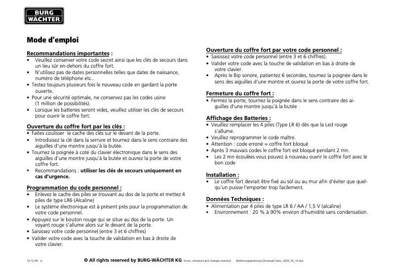 Page 1 de la notice Manuel utilisateur Burg Wächter Smart Safe 2 E