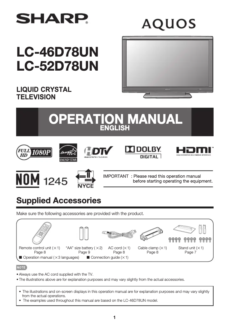 Page n°1 - Manuel utilisateur Sharp AQUOS LC-52D78UN