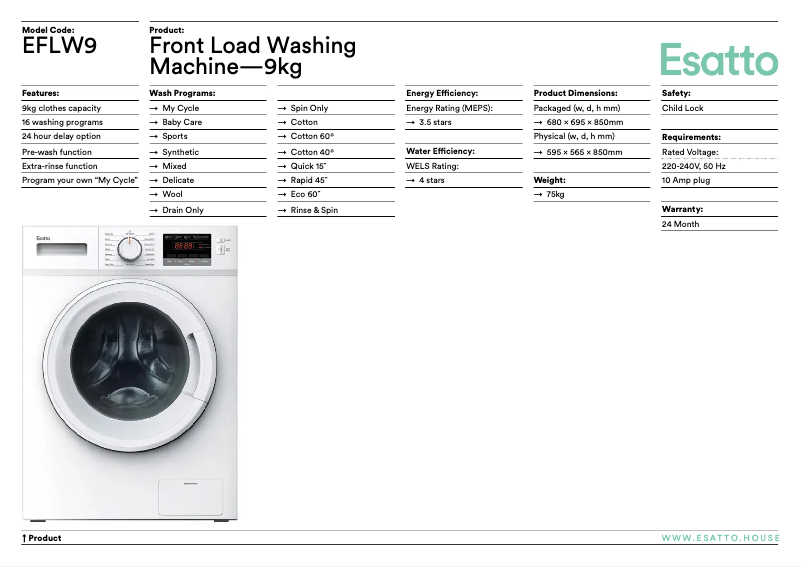 Página 1 del manual Ficha técnica Esatto EFLW9