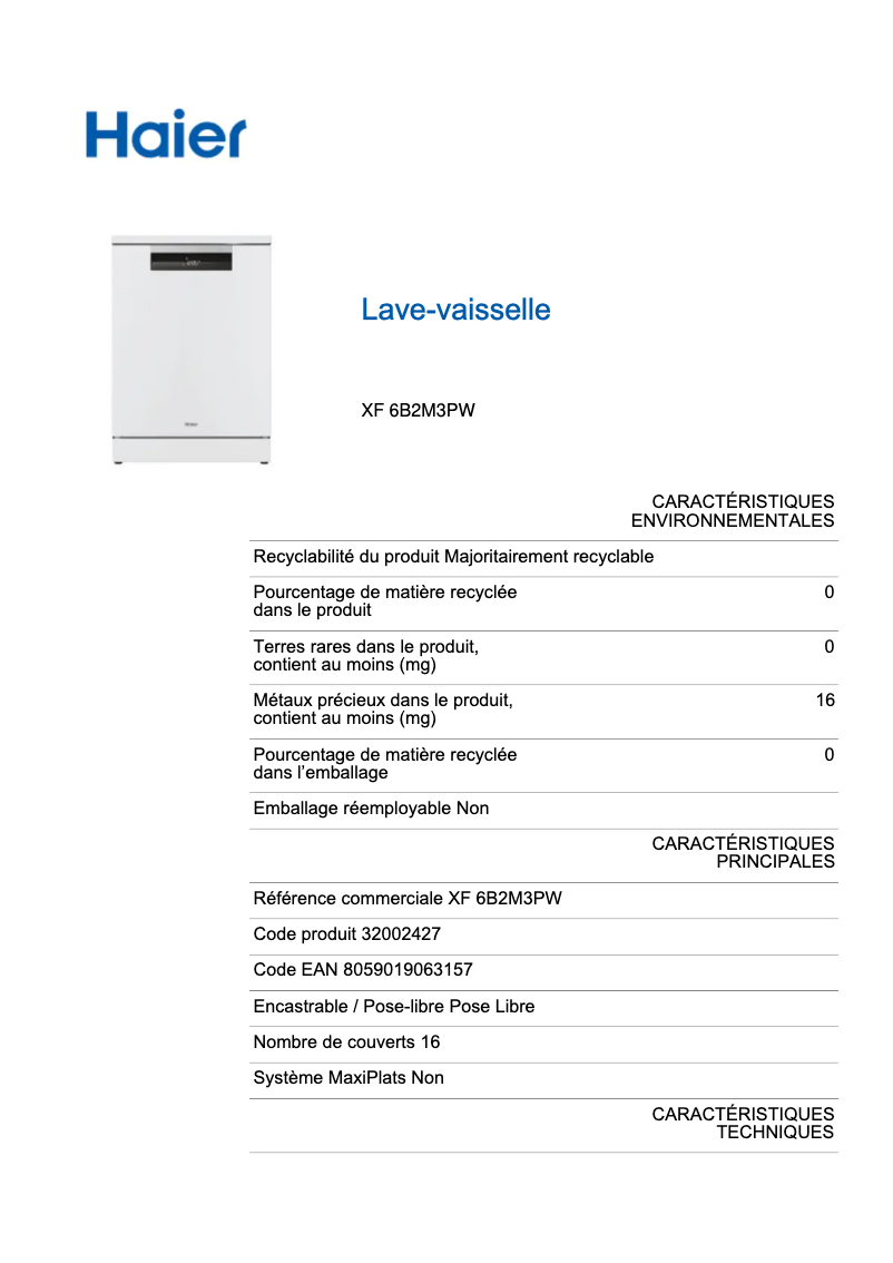 Page 1 de la notice Label énergétique Haier XF 6B2M3PW