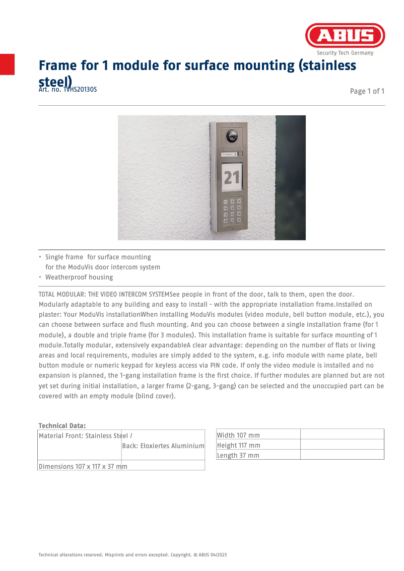 Page n°1 - Fiche technique Abus TVHS20130S