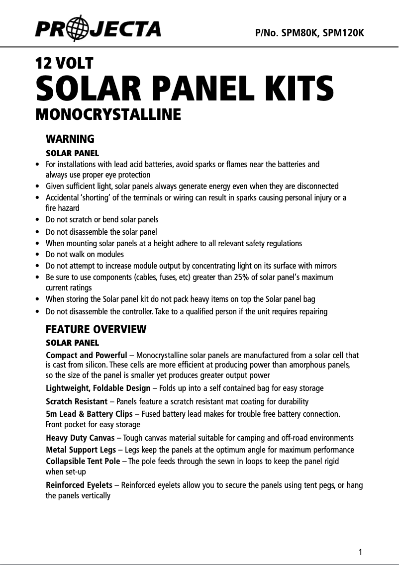 Page 1 de la notice Manuel utilisateur Projecta SPM80K