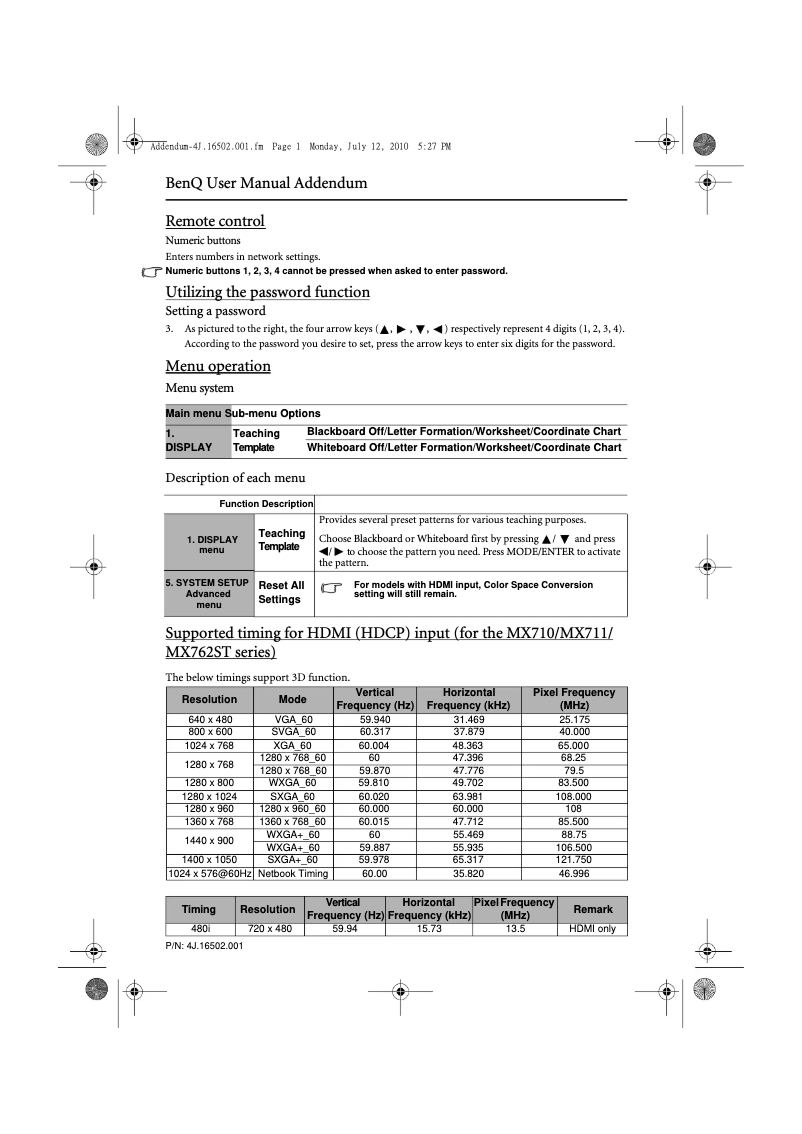 Page n°1 - Manuel utilisateur BenQ MX810ST