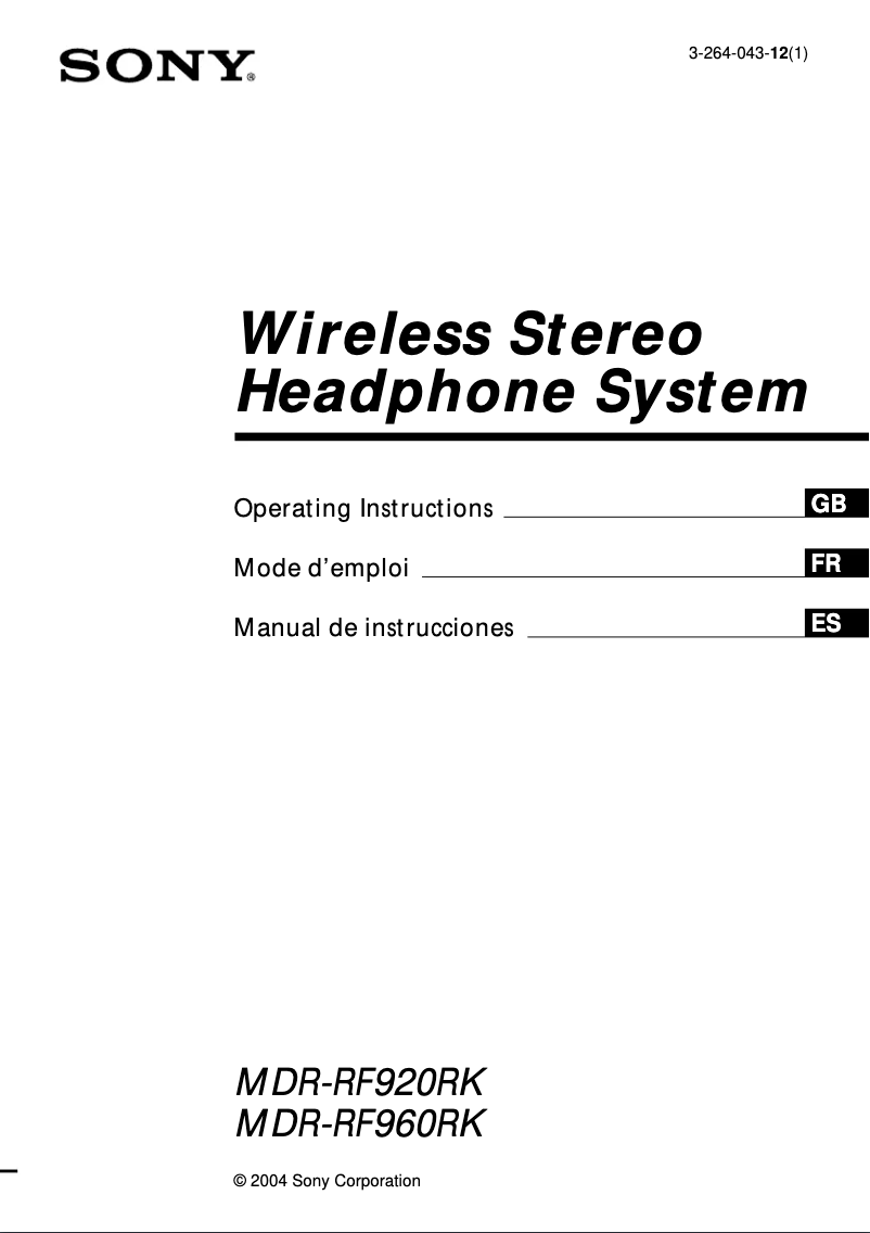Page 1 de la notice Manuel utilisateur Sony MDR-RF960RK