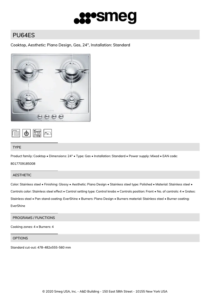 Page 1 de la notice Fiche technique Smeg PU64ES