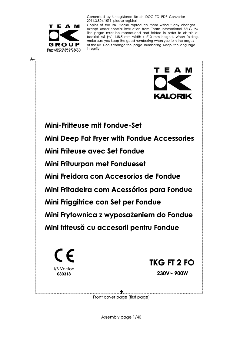 Page 1 de la notice Manuel utilisateur Kalorik TKG FT 2 FO