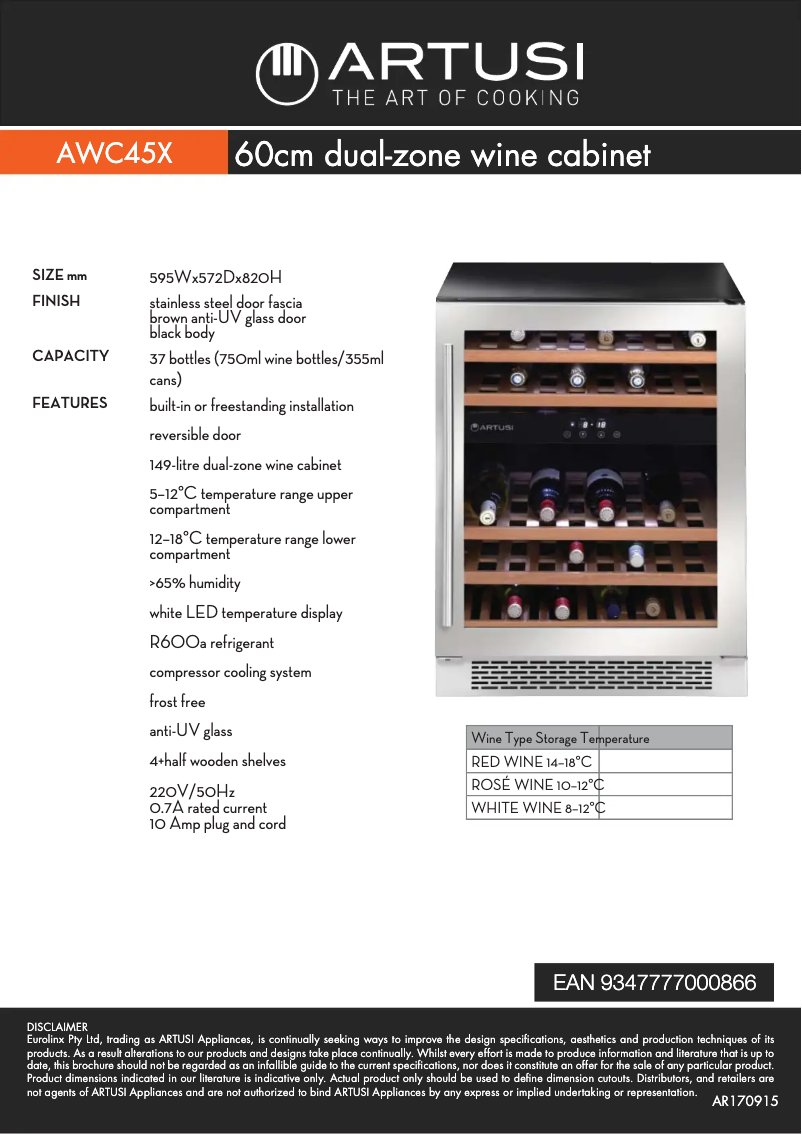 Page n°1 - Fiche technique Artusi AWC45X