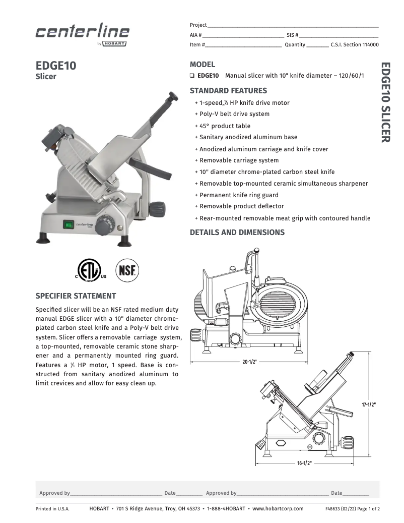 Page 1 de la notice Fiche technique Centerline EDGE10