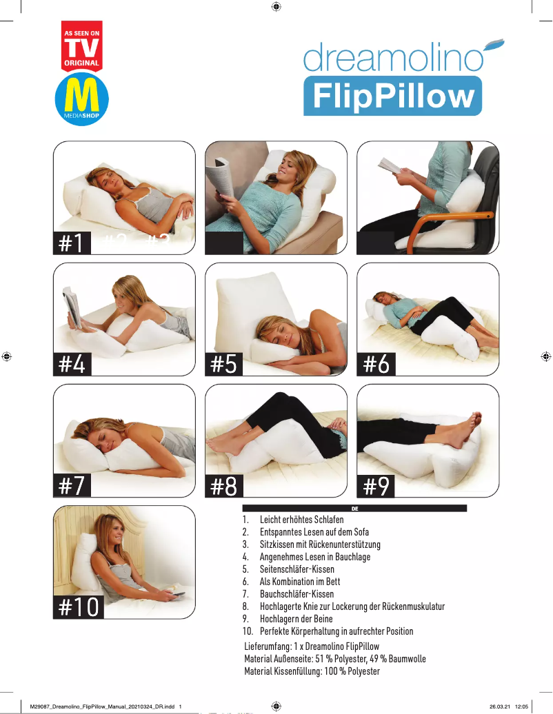 Page 1 de la notice Manuel utilisateur Dreamolino FlipPillow