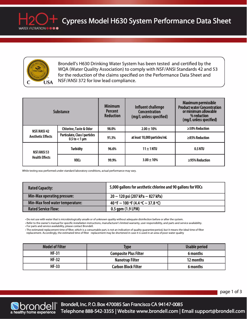 Page n°1 - Fiche technique Brondell H630