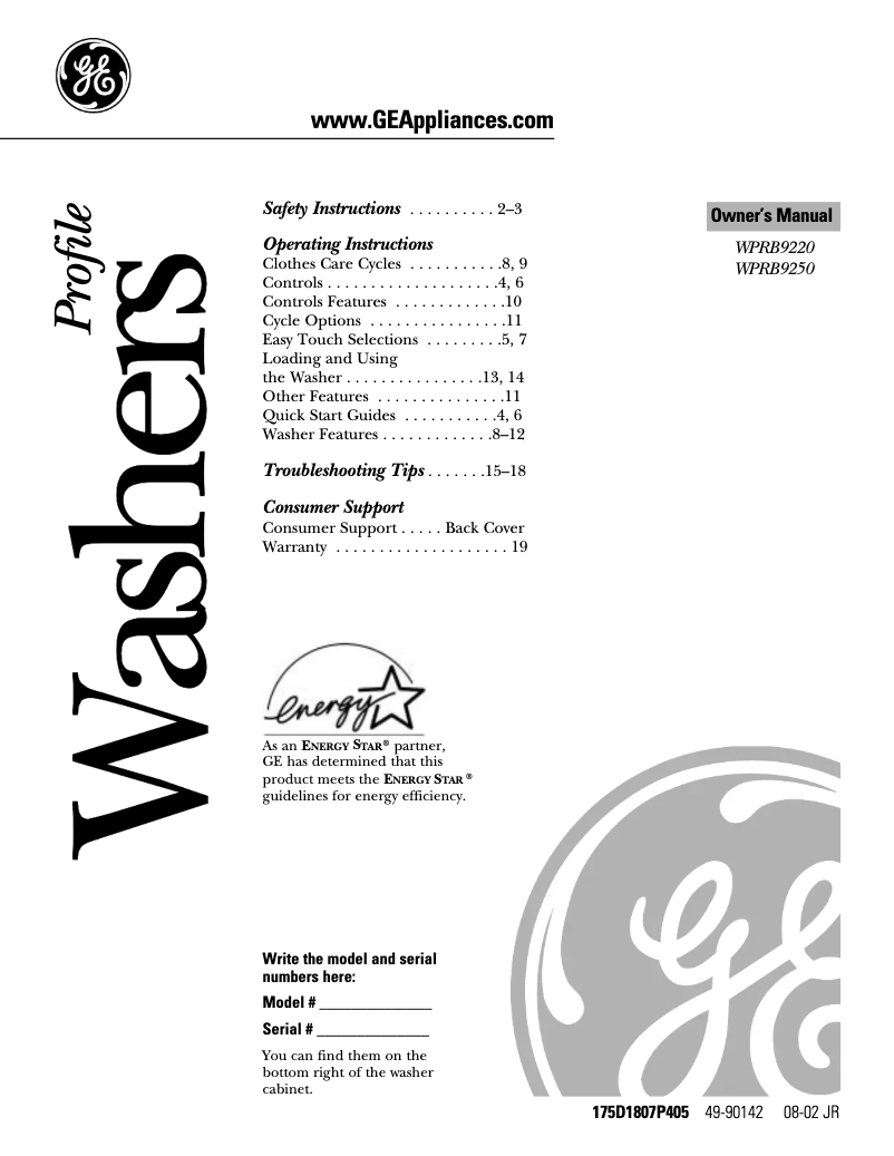 Image de la première page du manuel de l'appareil Profile WPRB9250CWW