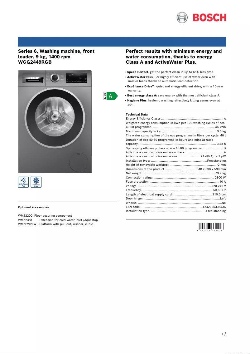 Page n°1 - Fiche technique Bosch WGG2449RGB