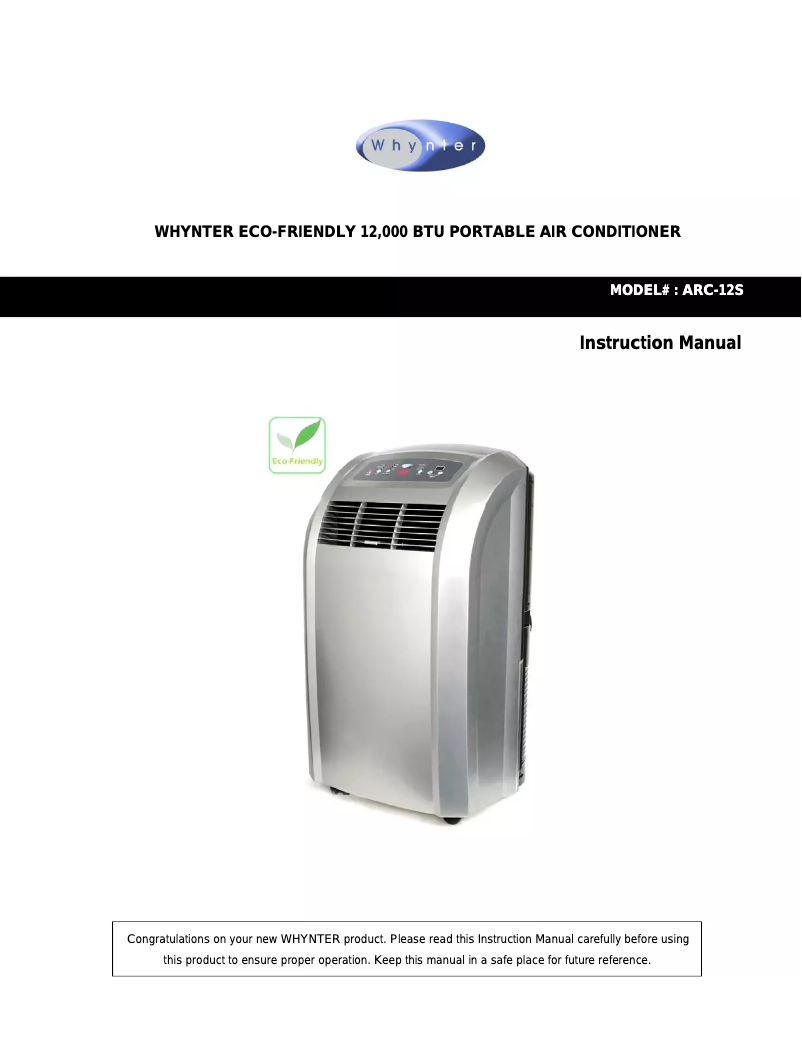Page 1 de la notice Manuel d'utilisation et d'entretien Whynter ARC-12S