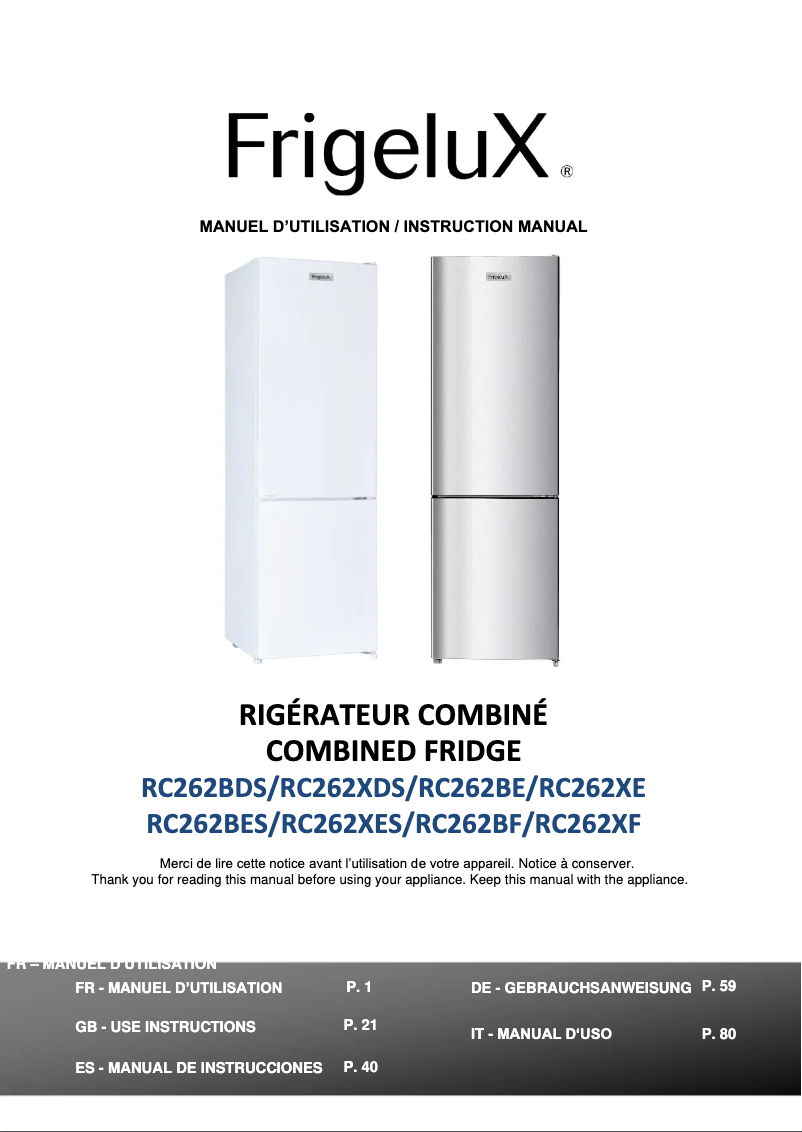 Página 1 del manual Manual de usuario FrigeluX RC262XE