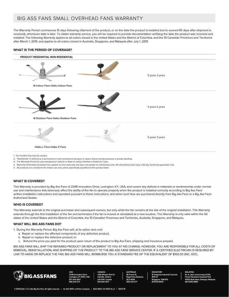 Page 1 de la notice Mode d'emploi Big Ass Fans i6