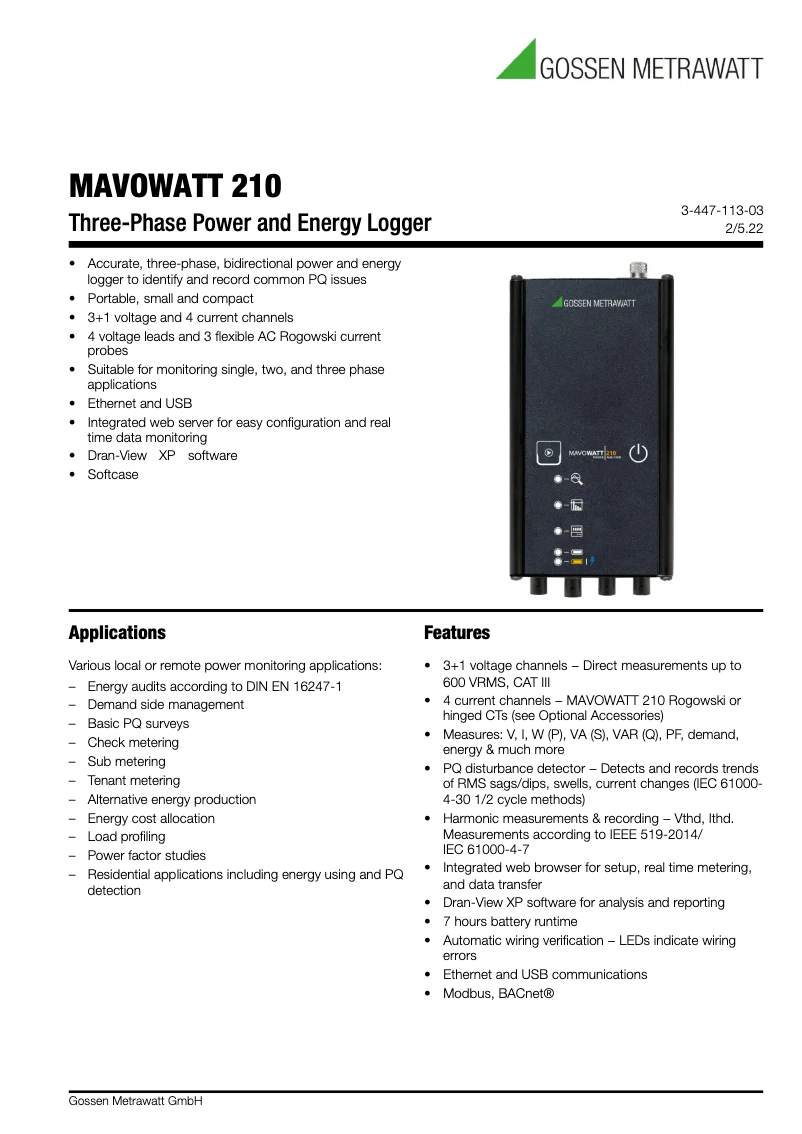 Page n°1 - Fiche technique Gossen Metrawatt MAVOWATT 210