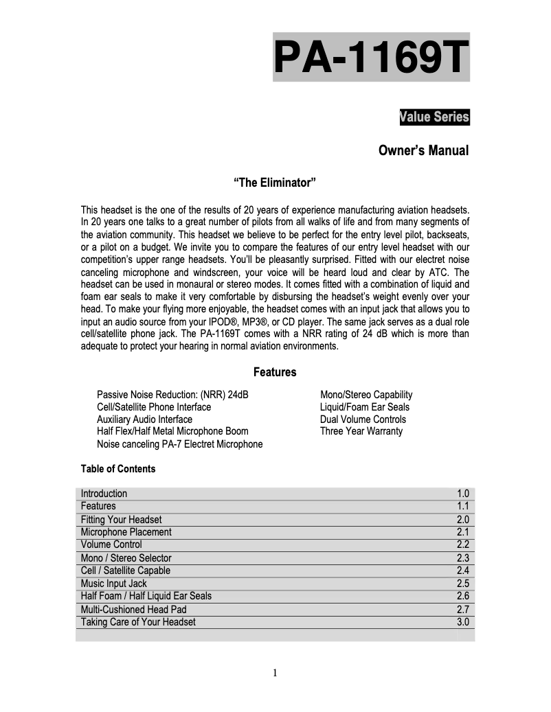 Image de la première page du manuel de l'appareil PA-1169T