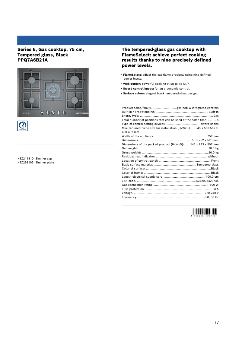 Page n°1 - Fiche technique Bosch PPQ7A6B21A