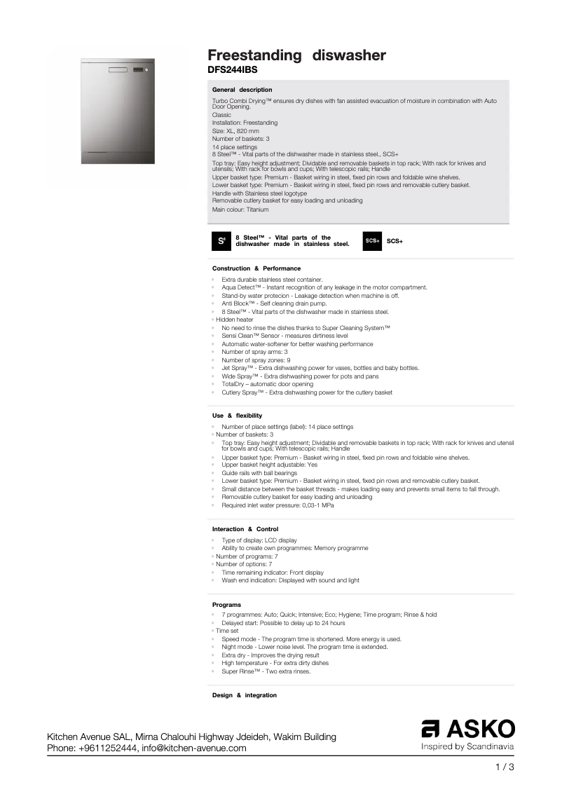 Page 1 de la notice Fiche technique Asko DFS244IBS