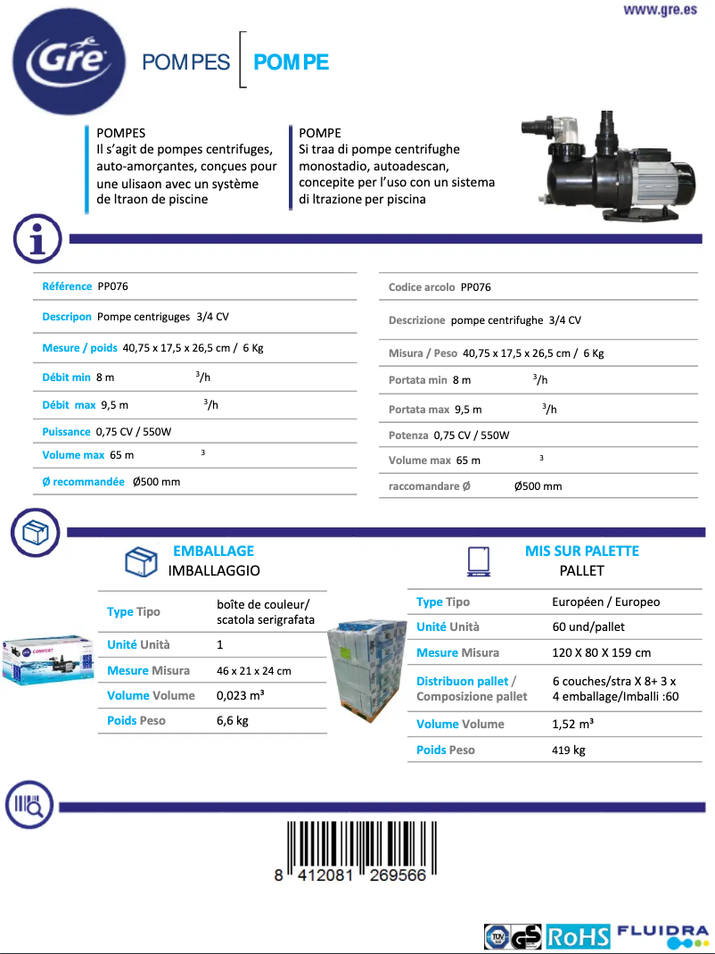 Page 1 de la notice Fiche technique Gre PP076