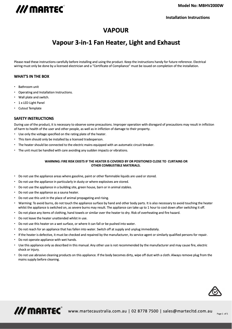 Page 1 de la notice Manuel utilisateur Martec Vapour