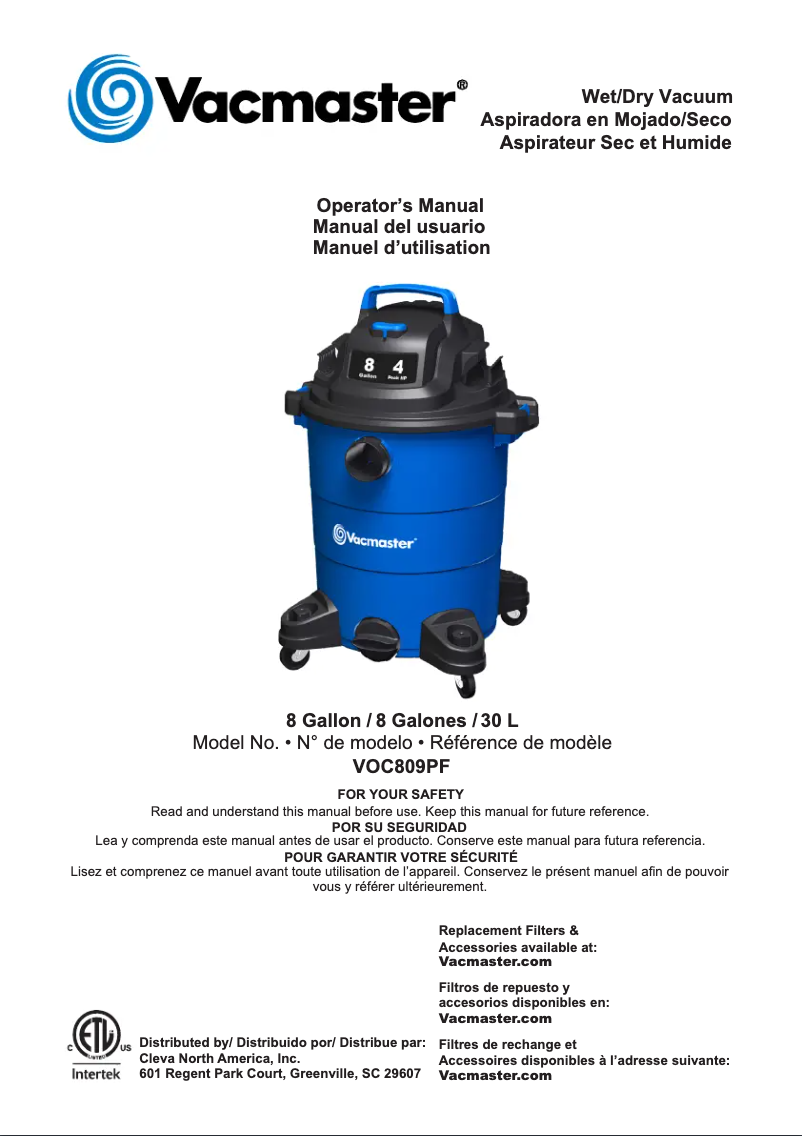Page n°1 - Manuel utilisateur Vacmaster VOC809PF