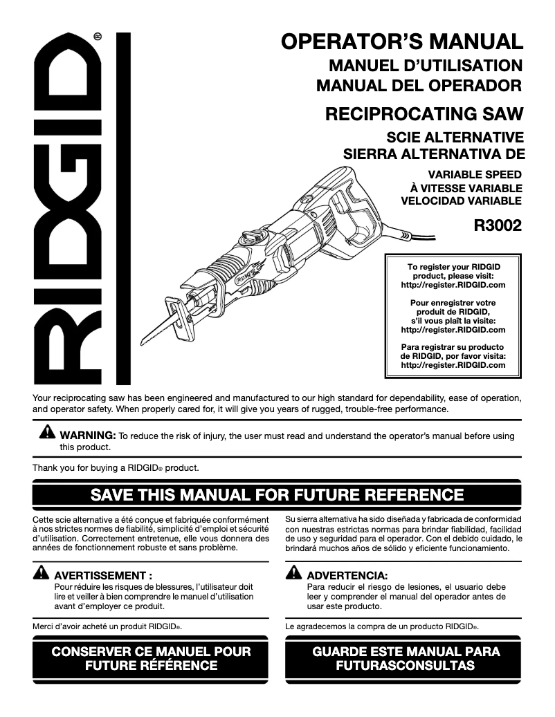 Page 1 de la notice Manuel utilisateur Ridgid R30022