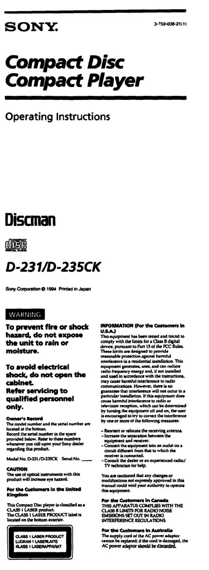 Page 1 de la notice Manuel utilisateur Sony Discman D-235CK