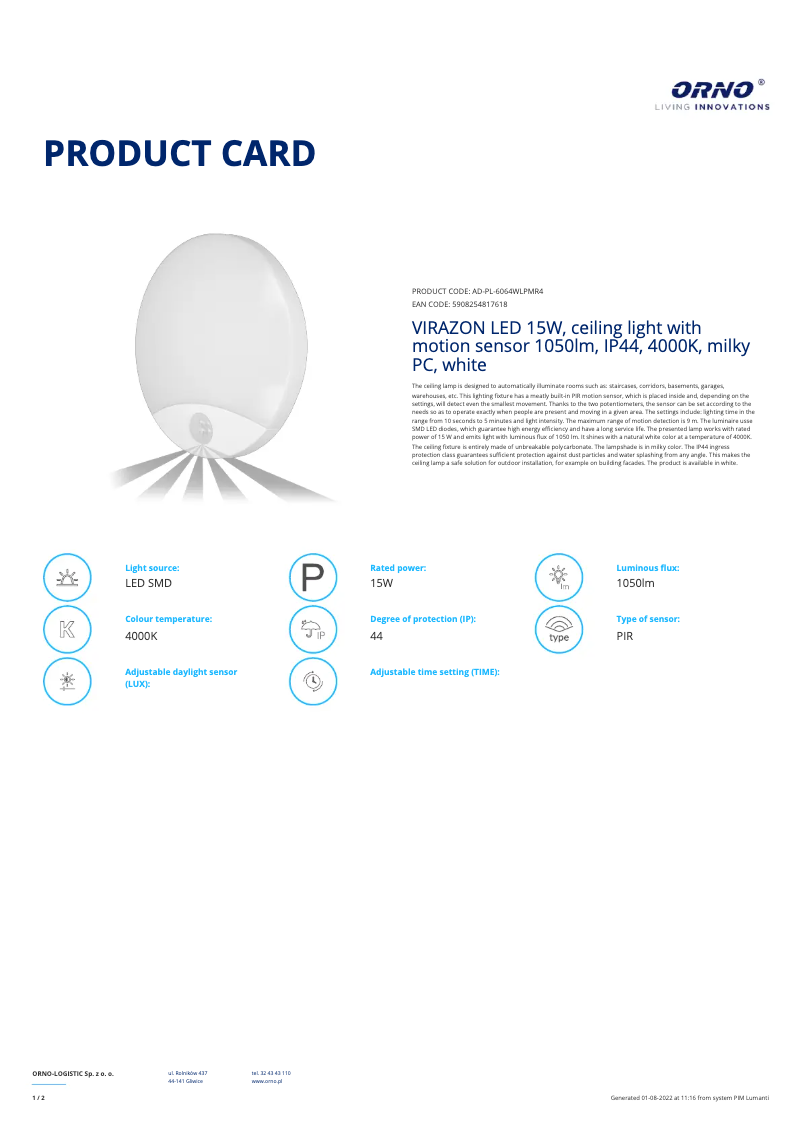 Page n°1 - Fiche technique Adviti AD-PL-6064WLPMR4