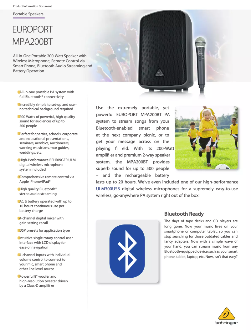 Image de la première page du manuel de l'appareil Europort MPA200BT