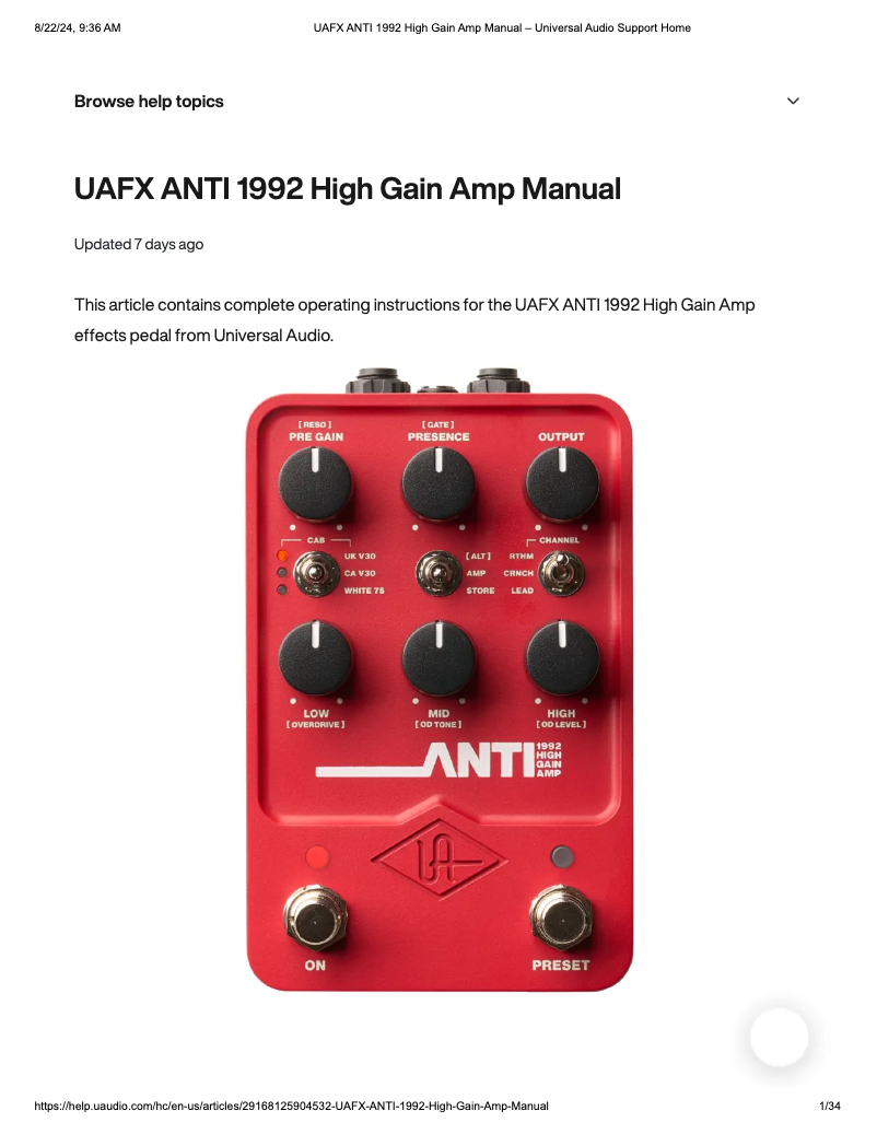 Page n°1 - Manuel utilisateur Universal Audio ANTI 1992