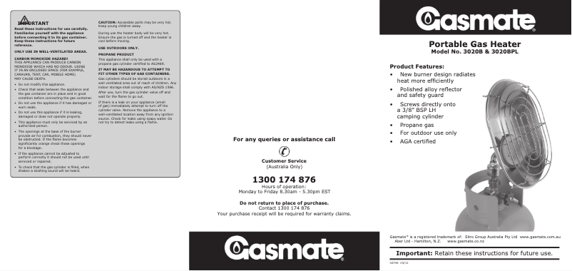 Page 1 de la notice Manuel utilisateur Gasmate 3020BPL