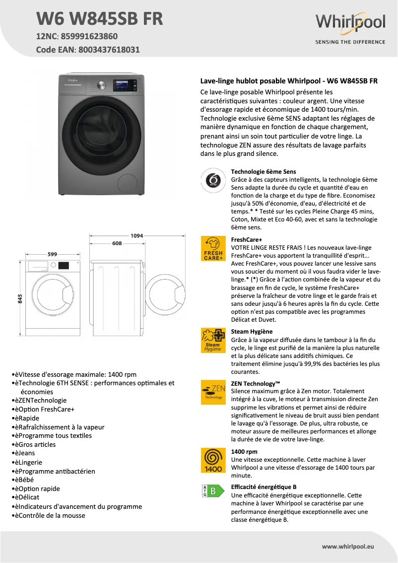 Página 1 del manual Ficha técnica Whirlpool W6 W845SB FR