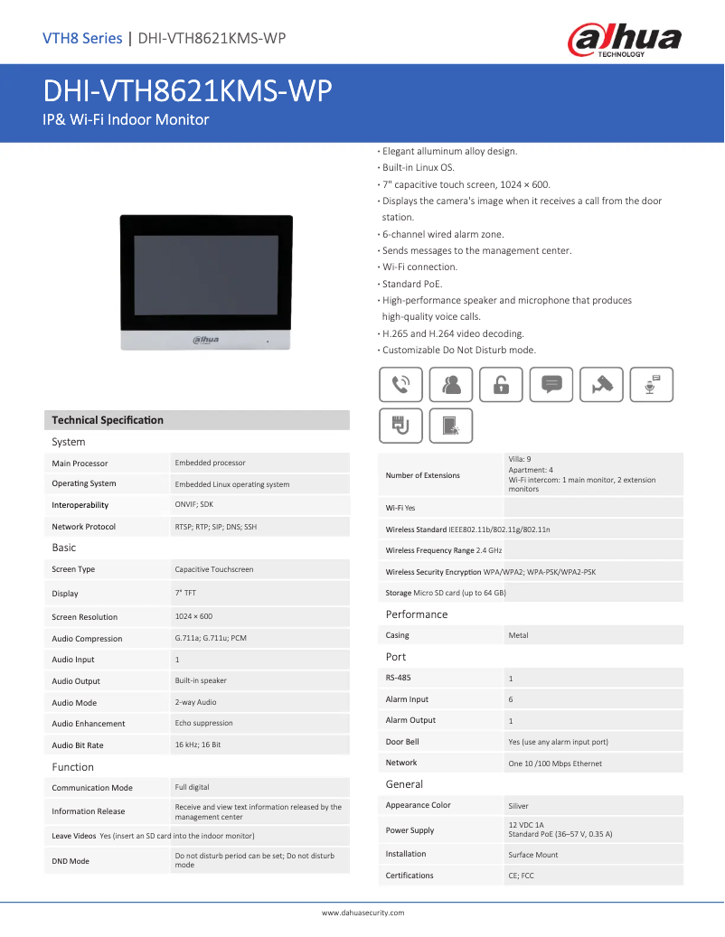 Page 1 de la notice Fiche technique Dahua Technology VTH8621KMS-WP