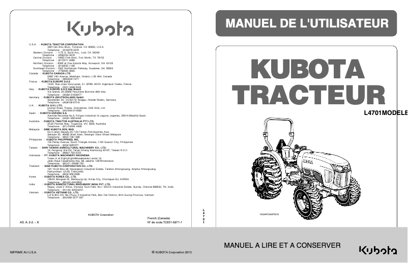 Page 1 de la notice Manuel utilisateur Kubota L4701
