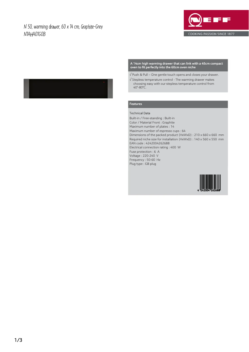 Page 1 de la notice Fiche technique Neff N1AHA01G0B