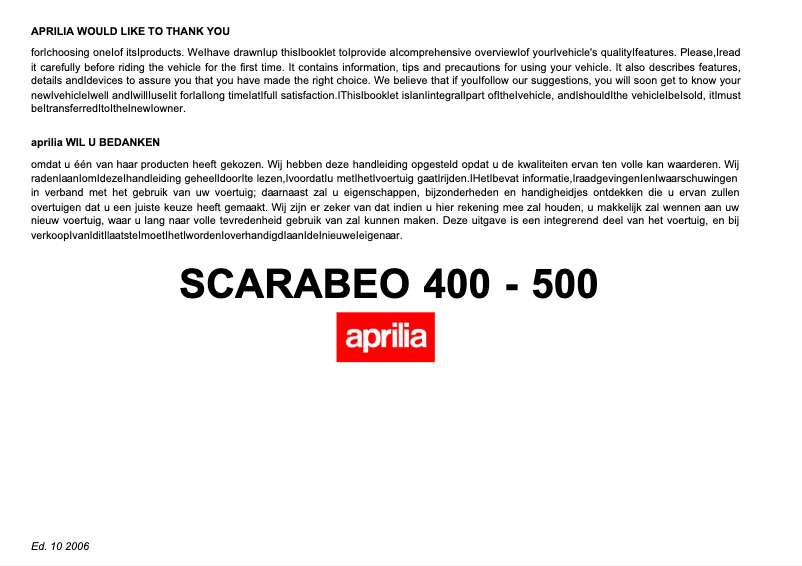 Page 1 de la notice Manuel utilisateur Aprilia Scarabeo 400 (2006)