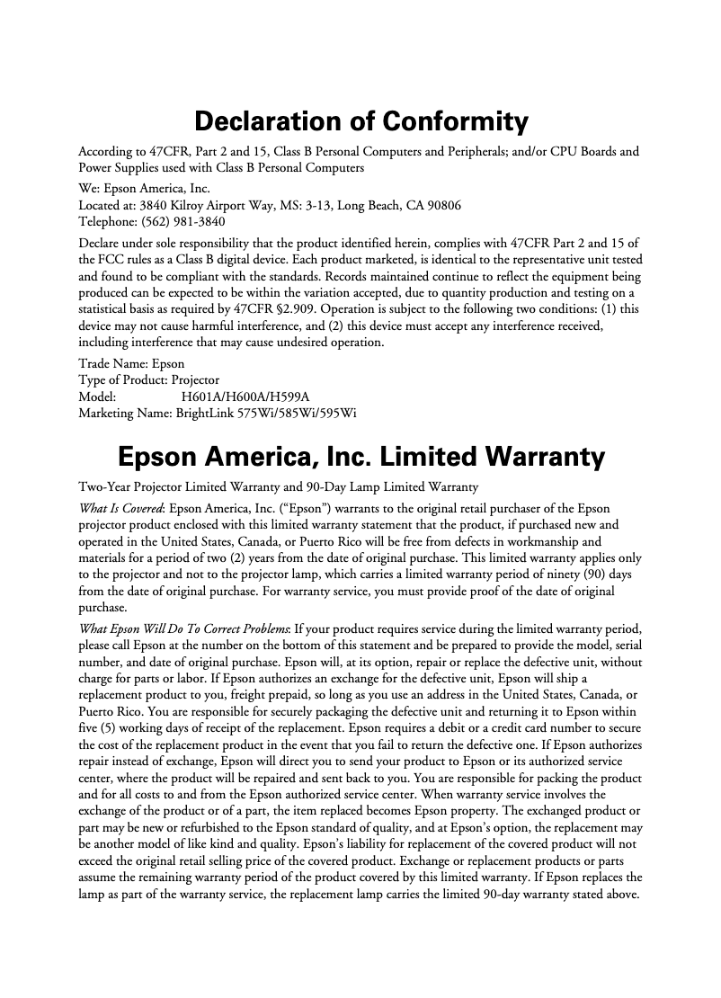 Page 1 de la notice Informations de garantie Epson BrightLink 585Wi