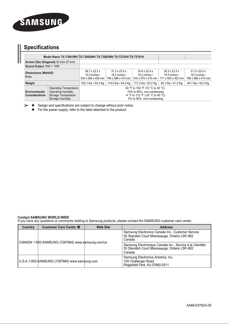 Page 1 de la notice Manuel utilisateur Samsung TX-T3092WH
