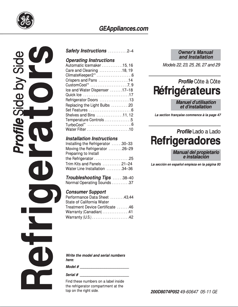 Page n°1 - Manuel utilisateur GE PSHF9PGZBB