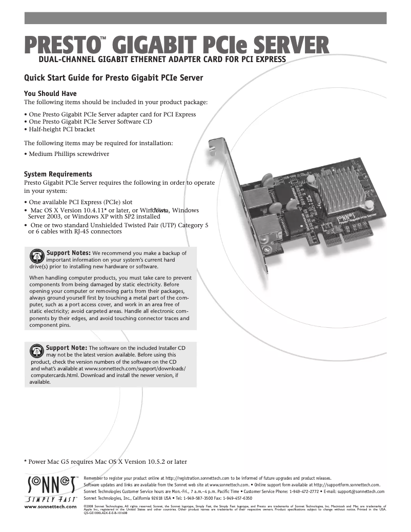 Image de la première page du manuel de l'appareil Presto Gigabit Server PCIe