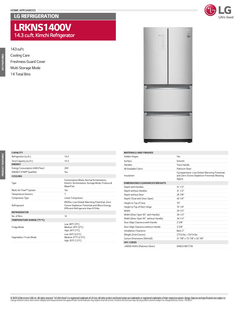Page 1 de la notice Fiche technique LG LRKNS1400V