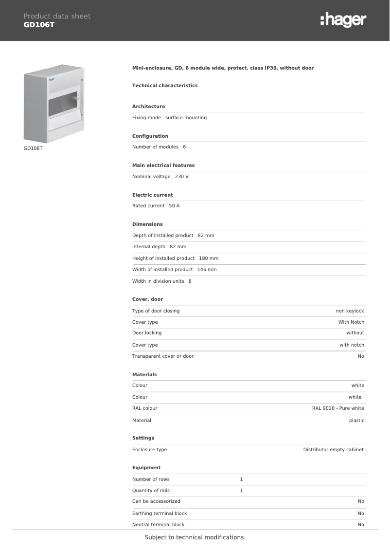 Page 1 of the manual Technical Sheet Hager GD106T