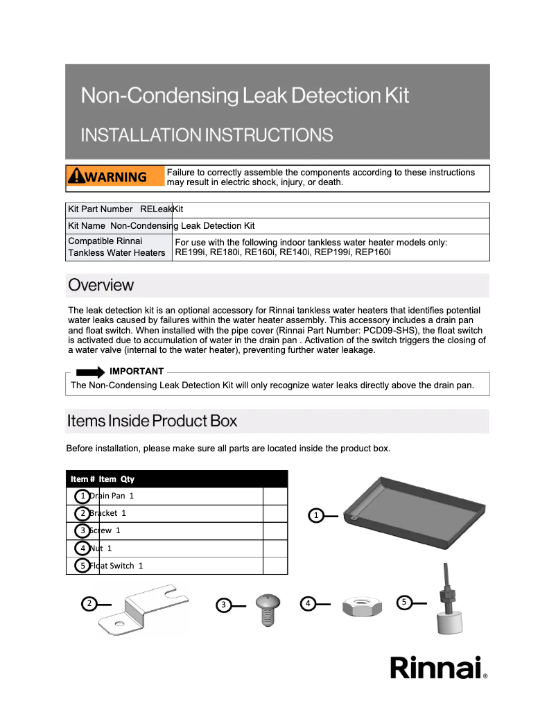 Page 1 de la notice Fiche technique Rinnai RE180iP