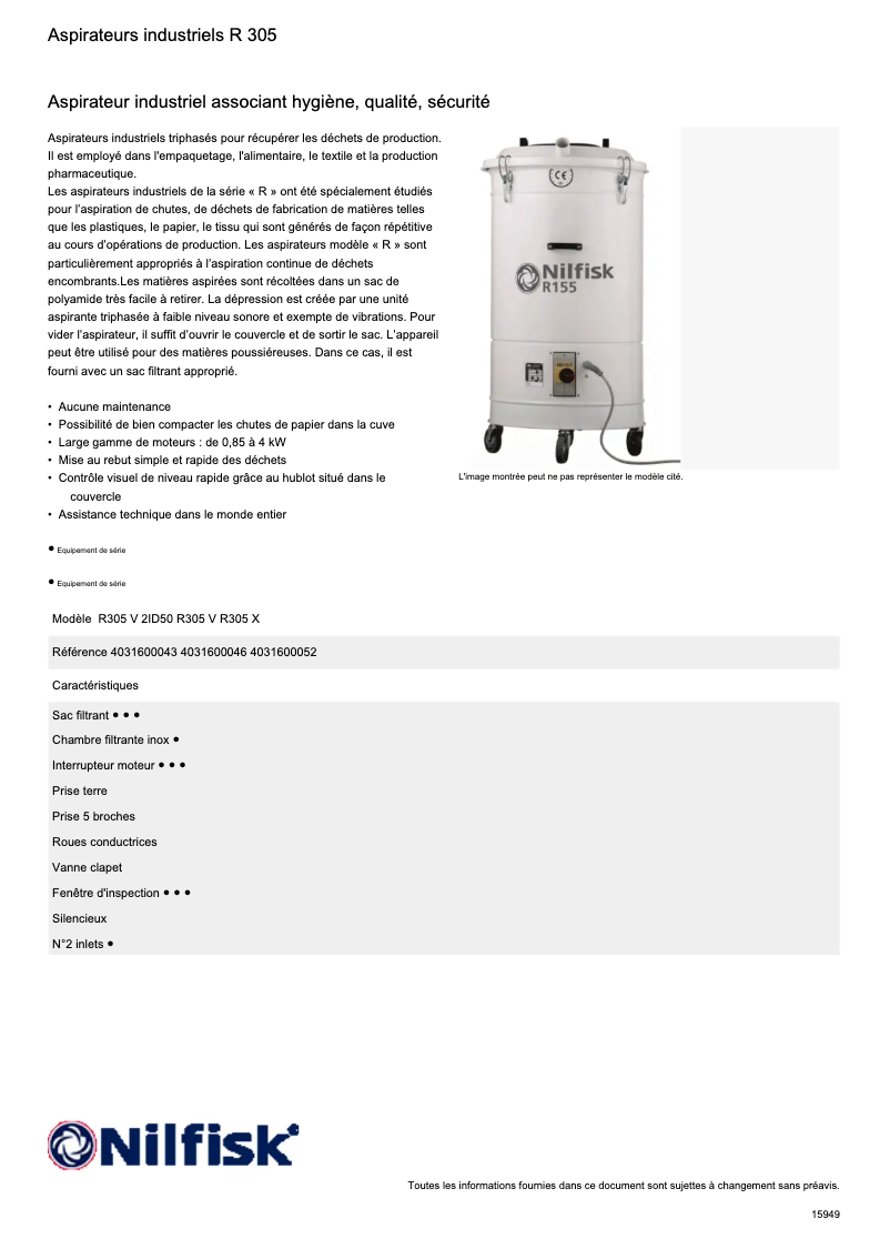Page 1 de la notice Fiche technique Nilfisk R305