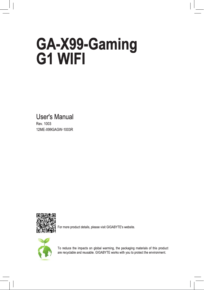 Page n°1 - Manuel utilisateur Gigabyte GA-X99-Gaming G1 WIFI
