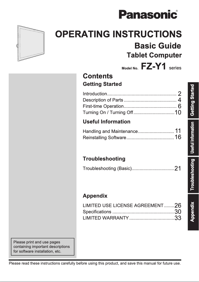 Page 1 de la notice Manuel utilisateur Panasonic Toughpad FZ-Y1