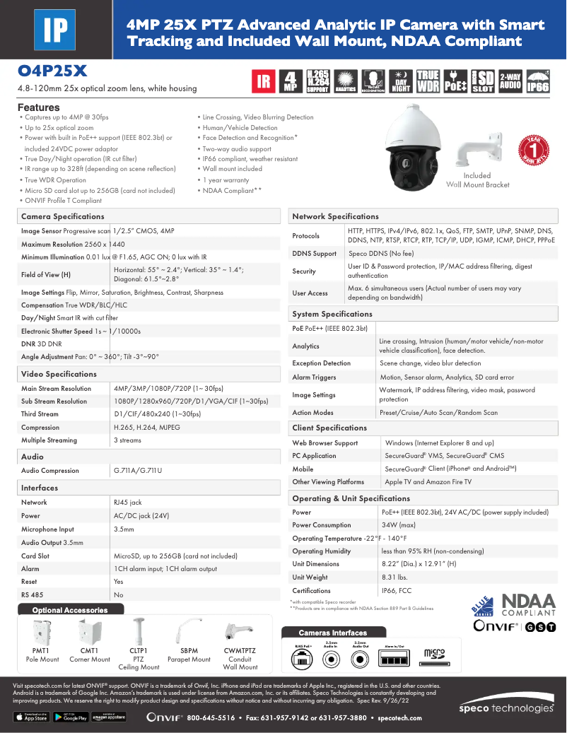 Page 1 de la notice Fiche technique Speco Technologies O4P25X